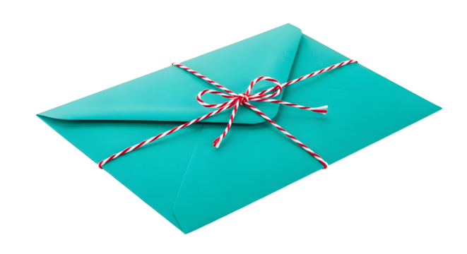 Gift - Teal gift envelope wrapped with red and white striped string tied in a bow, isolated on white background, perfect for invitations or greeting cards