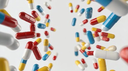 Dynamic 3D animation of colorful medical pills and capsules falling on a clean white background. Healthcare, pharmacy, and pharmaceutical industry concept. - Powered by Adobe