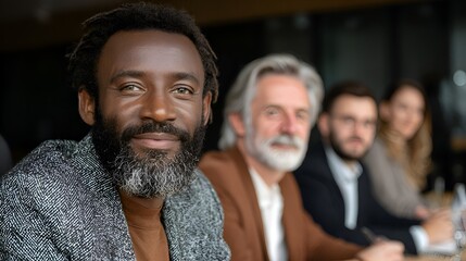 Confident African American man leads diverse team meeting in modern office focusing on collaborative success.