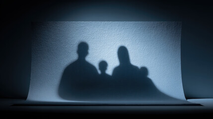 Shadow silhouettes of four people against a textured white wall in a dimly lit room creating a mysterious and abstract family or group portrait with soft edge lighting
