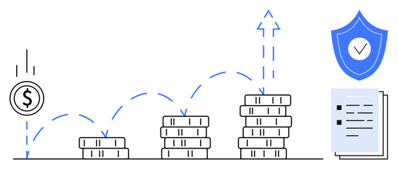 Obraz premium Stacks of coins increasing in height with upward arrow, dollar coin, shield with checkmark, papers. Ideal for finance, investment, security, profit savings insurance progress. Simple flat metaphor