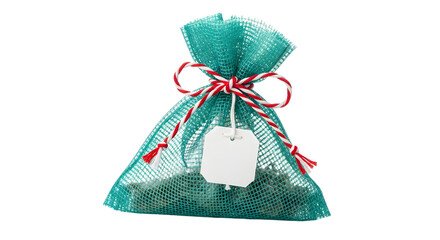 Gift - Turquoise mesh gift bag with red and white ribbon and blank white tag isolated on white, perfect for gift packaging
