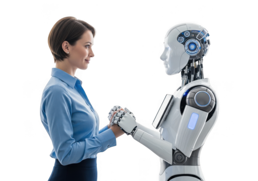 A woman and a robot holding hands, symbolizing the future of humanrobot interaction and artificial intelligence collaboration, isolated on transparent background