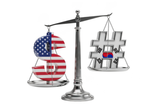 A balance scale weighing a us dollar symbol against a south korean hashtag symbol, isolated on white background