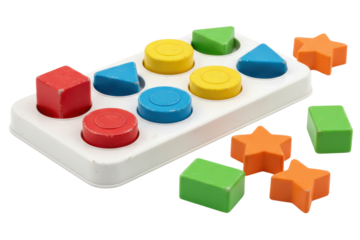 Vintage colorful shape sorter puzzle toy for early development isolated on a transparent background