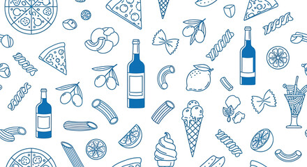 A detailed illustration of various Italian food items and beverages, arranged in a pattern.