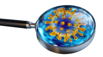 Microscopic Marvel: A striking macro shot reveals a magnified view of a virus under a magnifying glass, offering a glimpse into the unseen world of scientific discovery.