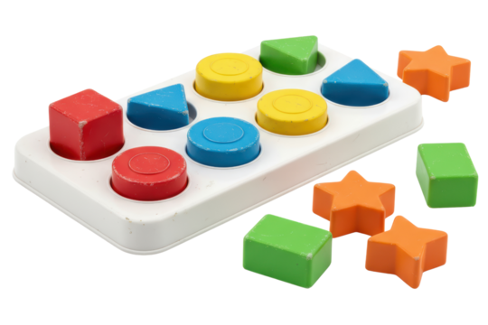 Vintage colorful shape sorter puzzle toy for early development isolated on a transparent background