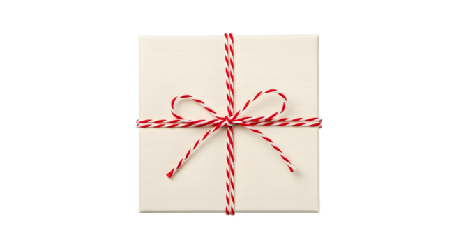 Gift - White gift box wrapped with red and white striped ribbon bow isolated on white background, ideal for holidays and special occasions