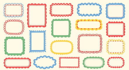 A collection of colorful decorative frames and borders with scalloped edges in various shapes and sizes on a light background.