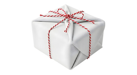 Gift - White wrapped gift box with red and white striped ribbon bow isolated on black background, perfect for holiday and birthday celebrations