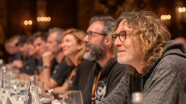 A diverse group of people sit attentively at a formal dinner event, looking in the same direction together.