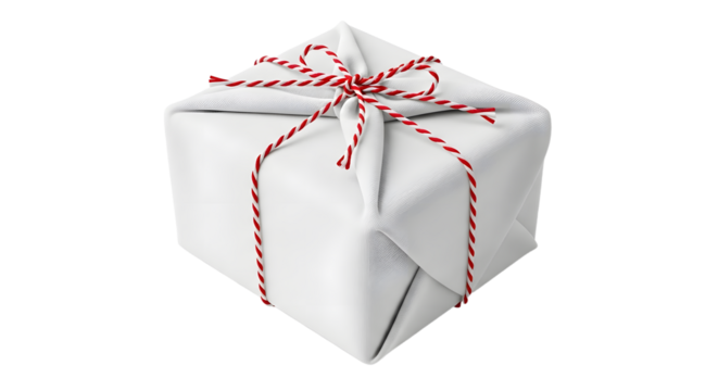 Gift - White wrapped gift box with red and white striped ribbon bow isolated on black background, perfect for holiday and birthday celebrations