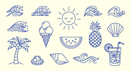 Collection of hand-drawn summer and beach icons in a blue line art style, including sun, waves, and tropical fruit.