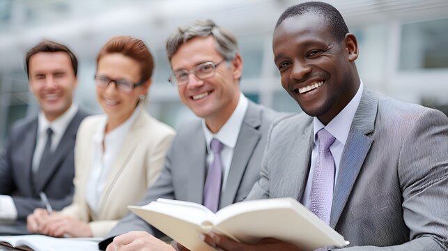 Diverse business team smiles du meeting as confident african man holds open book sha insights outdoors - Powered by Adobe