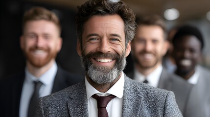 A happy middle aged businessman confidently smiles with his diverse team of colleagues in the background.