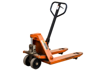 Old orange hydraulic pallet jack for warehouse and logistics work isolated on a transparent background