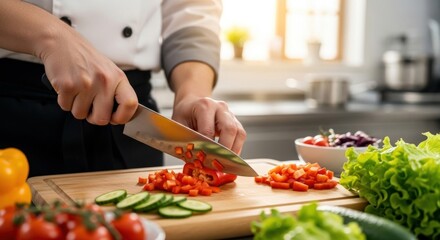 Naklejka premium A chef preparing a salad in a kitchen.