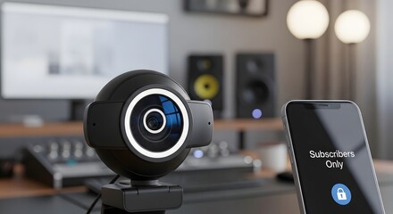 Modern home office setup with webcam and smartphone displaying subscribers only notification