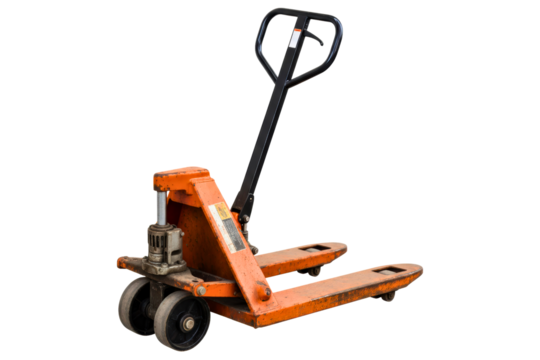 Old orange hydraulic pallet jack for warehouse and logistics work isolated on a transparent background
