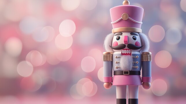 Traditional nutcracker figure on pink festive background.