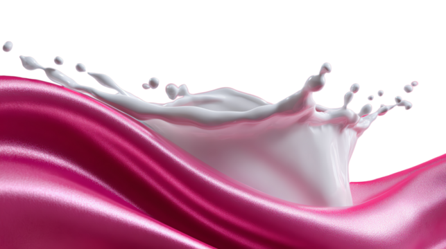 Elegant Milk Splash: A dynamic splash of milk erupts gracefully, its milky droplets contrasting against a flowing, lustrous magenta fabric.