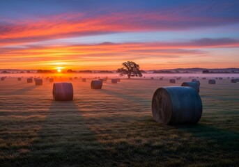 Tranquil sunrise across misty countryside with hay bales and vibrant sky for landscape art