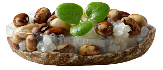A Unique Bean Platter: An eye-level shot captures a meticulously arranged display of assorted beans, their diverse colors and textures complemented by a delicate sprout.