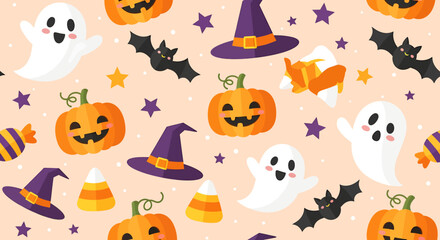 Cute Halloween seamless pattern with pumpkins, ghosts, bats, witch hats, and candies on a light orange background, perfect for festive designs.