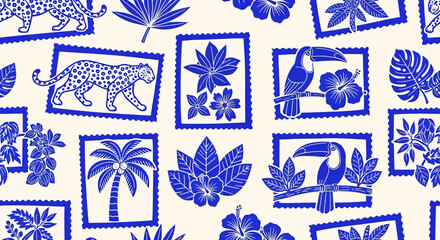 A seamless pattern featuring blue tropical motifs including leopards, toucans, palm trees, and hibiscus flowers on a cream background. © Sultan Desain