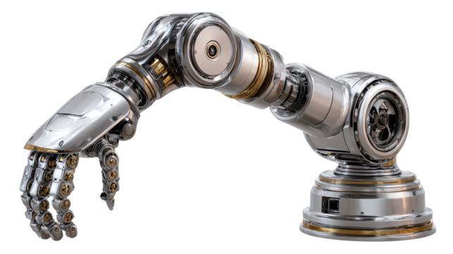 Robotic Arm: A close-up view of a robotic arm, showcasing the intricate details of its metallic design and advanced engineering. 