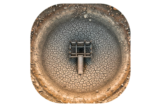 Aerial view of cracked earth in a dry lakebed during a drought isolated on a transparent background