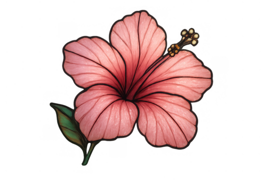 Pink hibiscus flower drawing with vibrant petals and green leaf, symbolizing tropical beauty and summer, on a transparent background