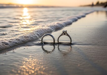 Romantic beach engagement rings at sunset by the ocean shoreline