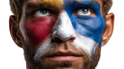 Face of Artistry: A close-up shot captures a man's face adorned with vibrant paint, a mesmerizing blend of colors, creating a bold, artistic statement.