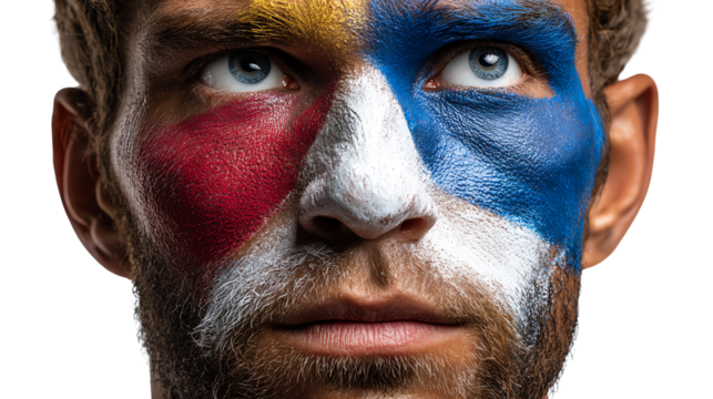 Face of Artistry: A close-up shot captures a man's face adorned with vibrant paint, a mesmerizing blend of colors, creating a bold, artistic statement.