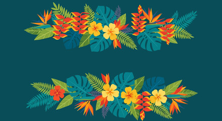 Obraz premium Vibrant tropical floral borders with exotic flowers and lush green leaves on a dark teal background.