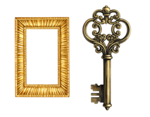  Art Deco Golden Frame and Ornate Antique Skeleton Key 
