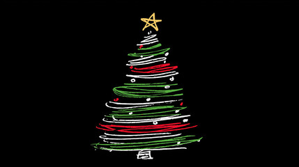 Abstract Christmas Tree and star, drawn in chalk over black background. In white, red and green. 