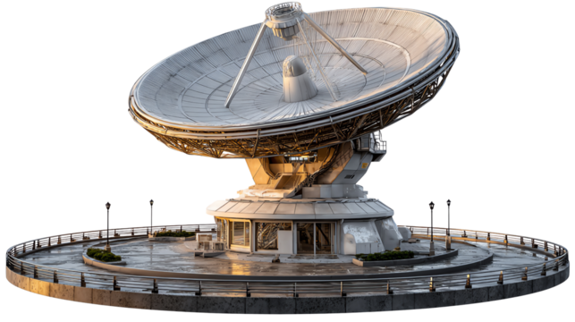 Giant Satellite Dish: A colossal satellite dish, standing tall against the horizon, symbolizes global communication and scientific exploration.