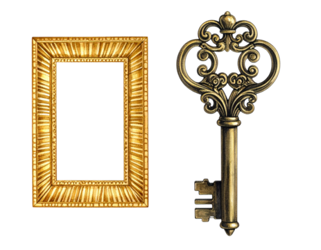 Art Deco Golden Frame and Ornate Antique Skeleton Key