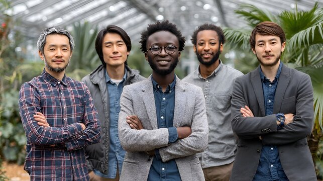 Diverse group of young professionals stand confidently together indoors surrounded by greenery and natural light.