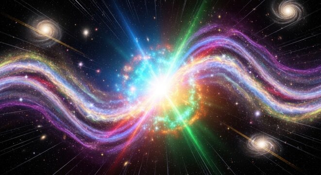A vibrant cosmic scene with colorful waves and a bright central burst of light, surrounded by stars and galaxies in space.