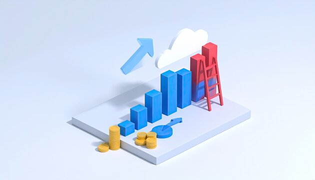 Growth scene bars, arrow, cloud, ladder, coin, on platform
