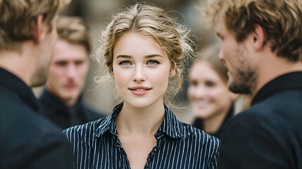 A pretty blonde haired woman surrounded by male colleagues wea striped shirt smiles in outdoor setting.
