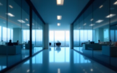 Fototapeta premium Abstract Blurred Interior of Modern Office Building with Glass Walls and Blue Light Effects. High quality