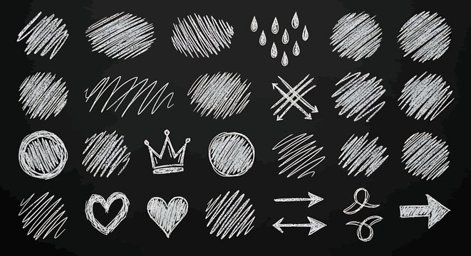 Collection of hand-drawn chalk elements including circles, hearts, arrows, and other shapes on a blackboard.