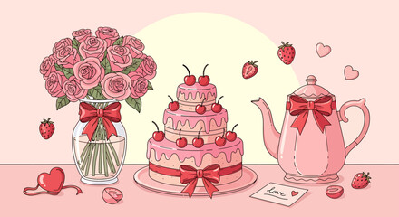 A charming illustration featuring a bouquet of roses, a tiered cake, and a teapot, all in a soft pink color scheme.