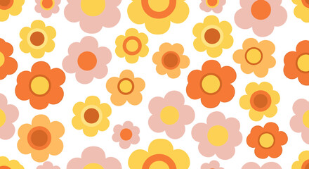 A seamless background pattern of retro-inspired flowers in warm shades of yellow, orange, and pink.