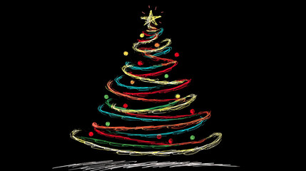 Abstract Christmas Tree and star with shdow, drawn in chalk over black background. In gold,red and light blue. 